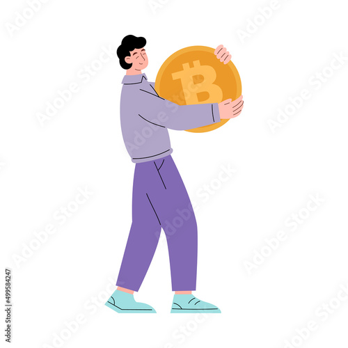 Man holding huge bitcoin flat cartoon vector illustration isolated on white.