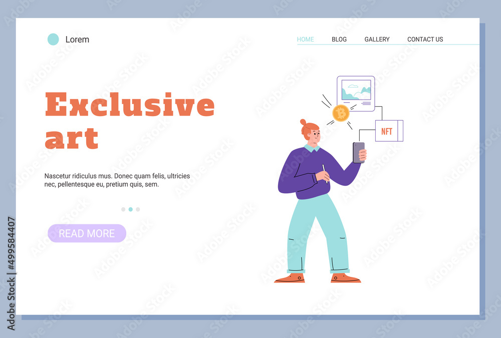 Exclusive art item transaction into NFT token website, flat vector illustration.