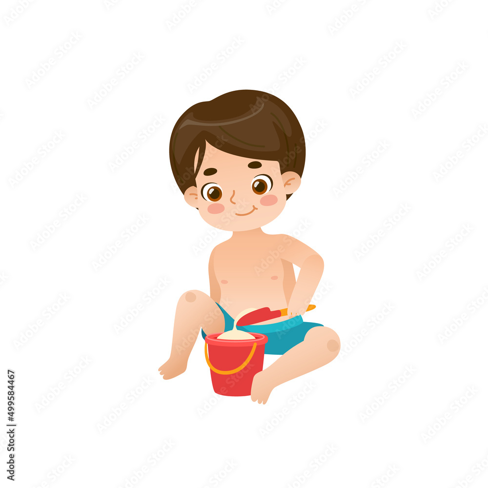 Cartoon baby boy playing with the sand. Adorable child sitting with beach bucket and scoop. Cartoon baby boy playing with the sand. Adorable child sitting with beach bucket and scoop.