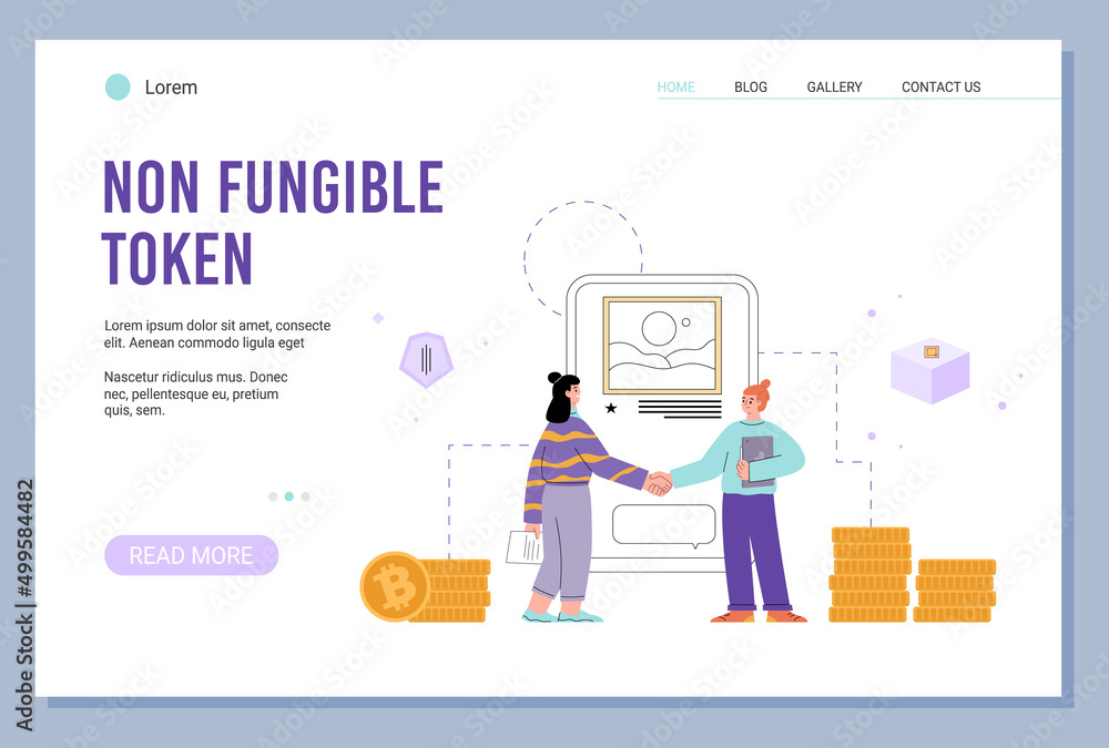 NFT non-fungible unique token webpage mockup, flat vector illustration.