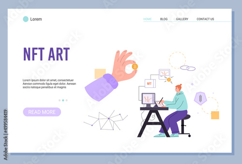 NFT art market website with entrepreneur posting artwork, vector illustration.