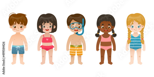Set of cute children on th beach. Collection of cartoon kids in swimsuit on summer vacations. Bundle of babies in beachwear.