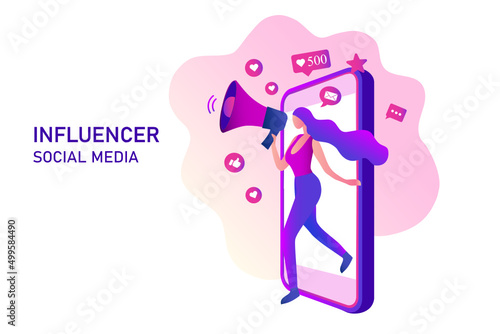 Woman shouting in loud speaker with social media icons. Influencer social media marketing, vlogger, youtuber, social influencer and influencer marketing concept vector illustration
