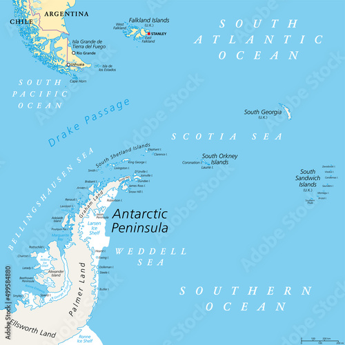 Antarctic Peninsula area, political map. From southern Patagonia and Falkland Islands, to South Georgia and the South Sandwich Islands, South Orkney islands, and Drake Passage, to Antarctic Peninsula. photo