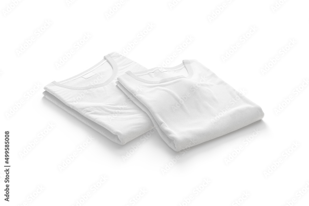 Blank white folded square t-shirt mockup pair, side view Blank white folded square t-shirt mockup pair, side view