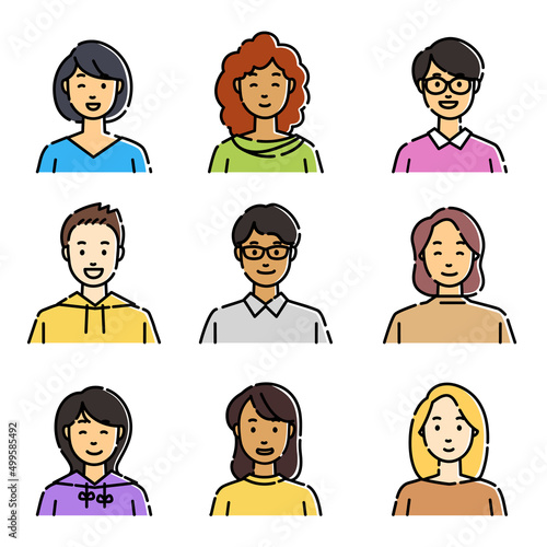 さまざまな人物が笑っているおしゃれなアイコンセット