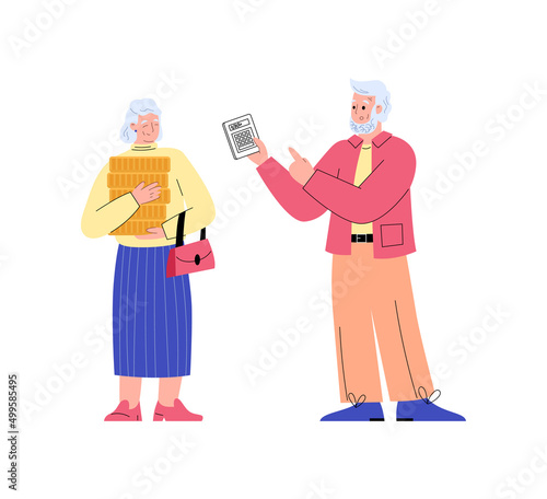 Retired pensioners discussing savings plan, flat vector illustration isolated.