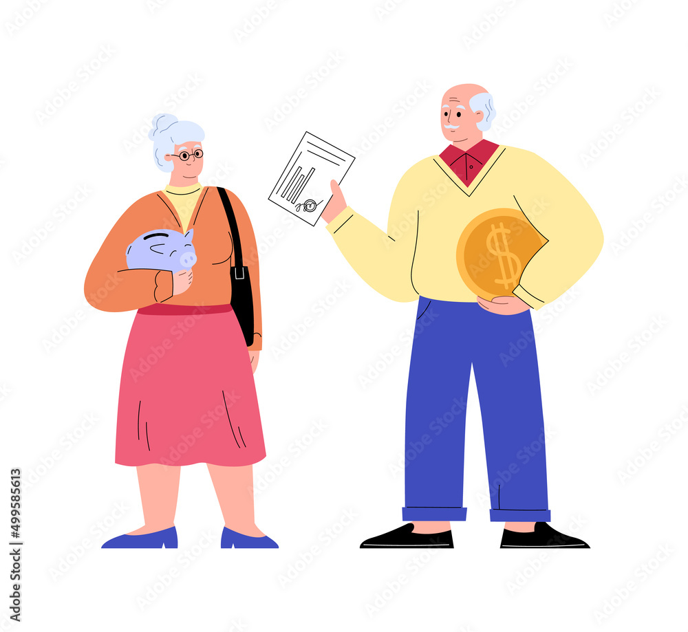 Older people receive pension fund money, flat vector illustration isolated.