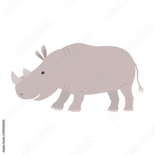 Cartoon rhino. Friendly rhinoceros stands and smiles on a white background. Character