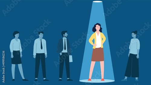 Talented businesswoman. Recruit talent woman, select candidate. Individual employee in spotlight light. Crowd and person recent vector concept