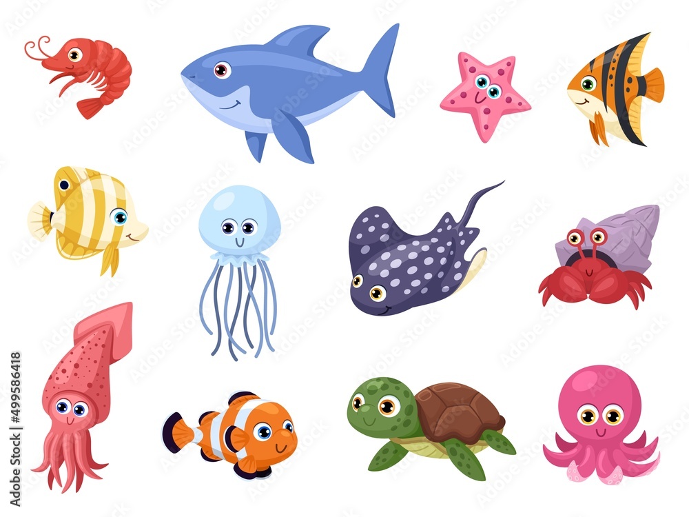 Sea life. Swimming ocean animal, stingray and shark. Cute cartoon octopus  and turtle, funny aquarium fish. Marine garish vector characters set Stock  Vector | Adobe Stock