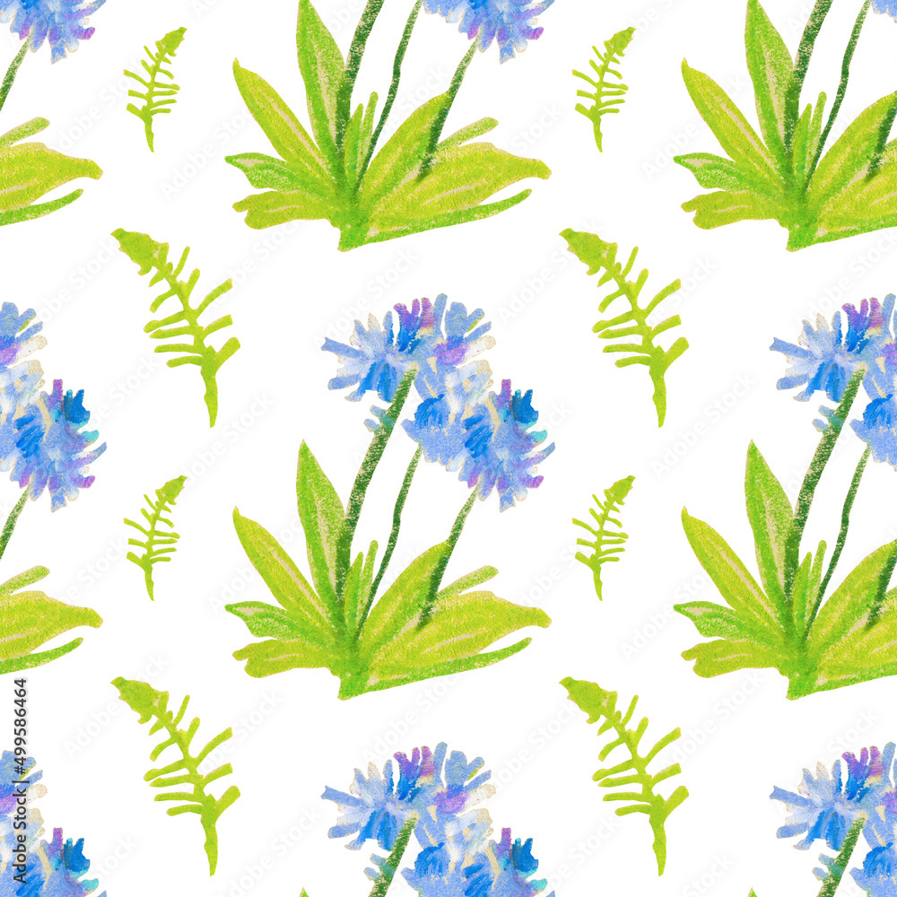 Seamless garden pattern drawn in wax crayons on white background. Textured, floral oil pastel print in child's doodle style. Designs for textiles, social media, wrapping paper, packaging, printing.