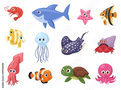 Sea life. Swimming ocean animal, stingray and shark. Cute cartoon octopus and turtle, funny aquarium fish. Marine garish vector characters set