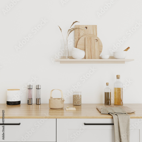 Canvas Print farmhouse style kitchen interior with kitchenware, 3d rendering