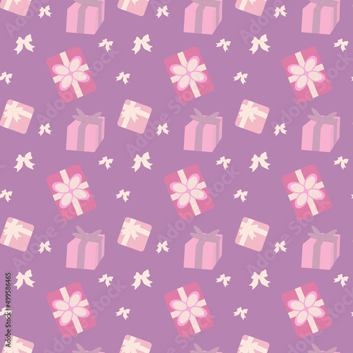 Vector pattern gift boxes on a purple background. Seamless pattern.