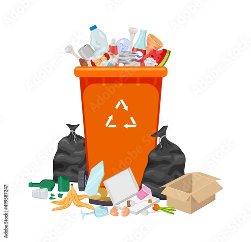 Garbage waste. Closeup dustbin, dirty garbage in container. Cartoon full rubbish bin. Isolated organic and plastic, metal can and bottles, exact vector scene