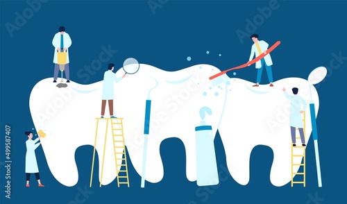 Stomatology support concept. Dentistry prevention, dentist doctor and nurse. Tooth treatment in clinic, healthcare orthodontics business recent vector scene