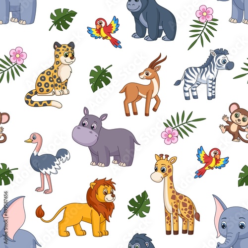 Cartoon jungle animal print. Lion  elephant and zebra. Kids wild zoo characters  safari leopard and horilla. Art cute children exotic garish vector seamless pattern