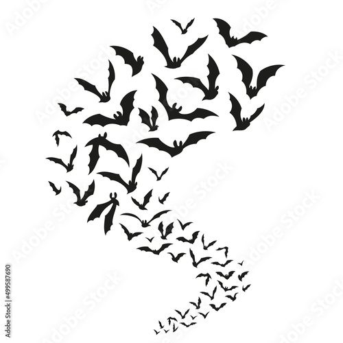 Halloween flying bats. Black bat fly, isolated silhouettes of vampire symbols. Evil scary horror flock, gothic decoration for wall or tidy cut stencil vector design