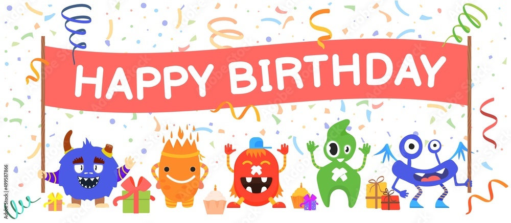 Monsters birthday banner. Happy kids party, cartoon monster congratulation. Funny characters, confetti and gift box. Cute decent vector background