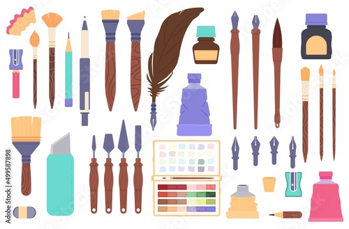 Art supplies collection. Painting equipment, craft tools and pen and artist brushes and pencil. Cartoon flat professional painter tool and hobby decent vector elements