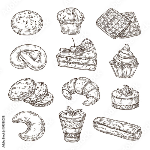 Sketch sweet dessert. Vintage cakes caramel and waffle, drawing desserts with chocolate and berries. Isolated engraving pie, bakery neoteric vector food