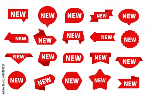 New arrival. Arrived red label, isolated fresh product or sale start tags. Order, announcement stickers. Discount business, ad exact vector bages set
