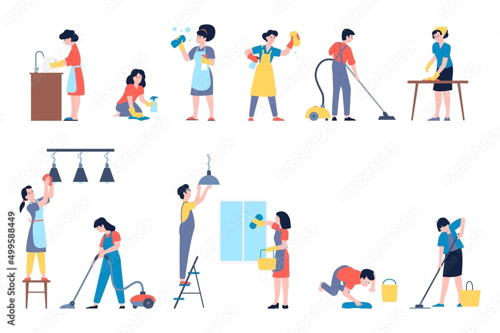 Cleaning characters. People house working, clean and vacuum, wash dish and floor. Working at home, housewife and man housekeeping recent vector set