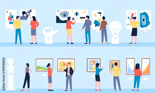 People in museum. Person looking exhibition in art gallery, cultural tour. Artist painting exposition, tourism and excursion. Visitors recent vector scenes