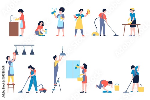 Cleaning characters. People house working, clean and vacuum, wash dish and floor. Working at home, housewife and man housekeeping recent vector set