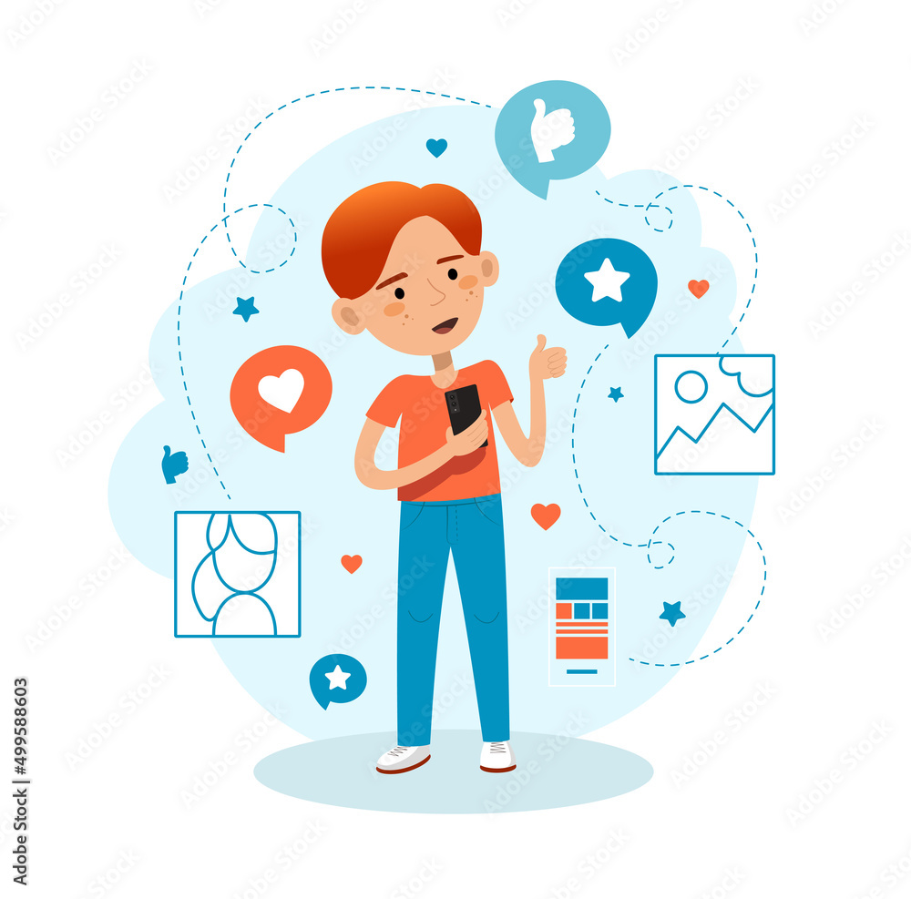 Man with a smartphone using social media applications. Vector illustration for web, mobile applications and print Man with a smartphone using social media applications. Vector illustration for web, mobile applications and print