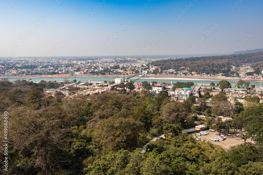 city construction view with river and bridge from mountain top
