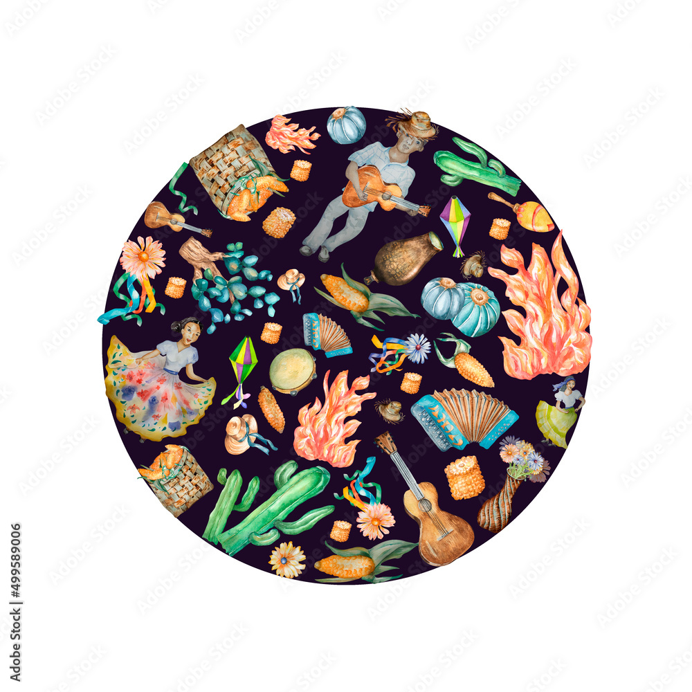 The circle emblem Festas Junina watercolor illustration The circle emblem Festas Junina watercolor illustration