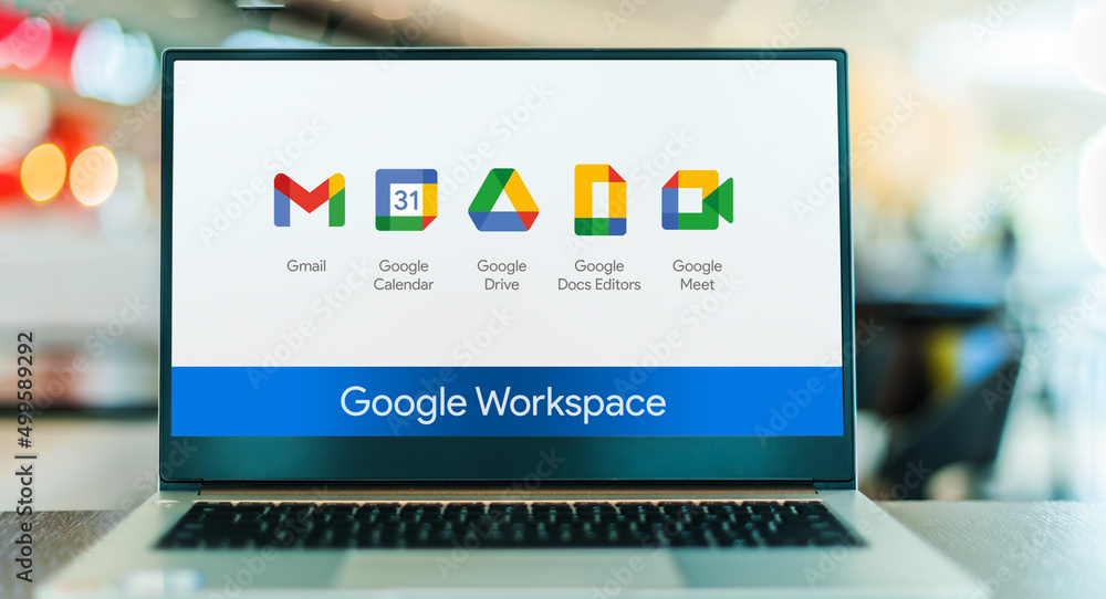 Laptop computer displaying logo of Google Workspace Stock Photo | Adobe ...