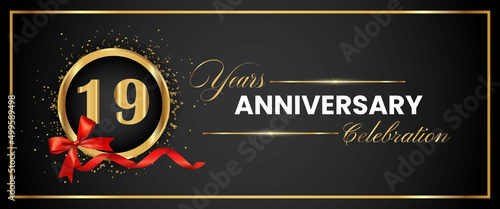 19 Years Anniversary Celebration Gold and Black Color Vector. anniversary celebration logotype with elegant modern number gold color for celebration, gold anniversary celebration, bow, ribbon, luxury.