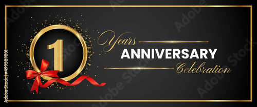 1 Years Anniversary Celebration Gold and Black Color Vector. anniversary celebration logotype with elegant modern number gold color for celebration, gold anniversary celebration, bow, ribbon, luxury.
