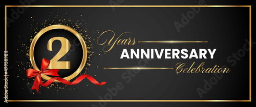 2 Years Anniversary Celebration Gold and Black Color Vector. anniversary celebration logotype with elegant modern number gold color for celebration, gold anniversary celebration, bow, ribbon, luxury.