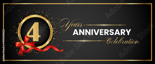4 Years Anniversary Celebration Gold and Black Color Vector. anniversary celebration logotype with elegant modern number gold color for celebration, gold anniversary celebration, bow, ribbon, luxury.