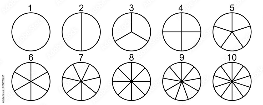 Divided circle vector set. Segmented circles. Divided circles from 1 to 10 section. Vector 10 EPS. Divided circle vector set. Segmented circles. Divided circles from 1 to 10 section. Vector 10 EPS.