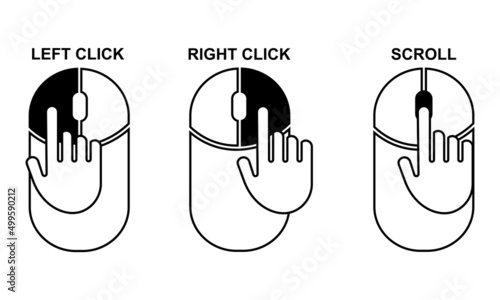 Mouse click on left, right and scroll wheel button. Instruction using for mouse. Vector set.