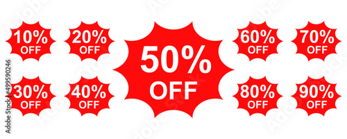 Red sale tag with discount. Set of discount sale badge from 10 to 90 percent. Stickers  special offer tag for product.