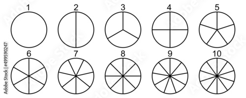 Divided circle vector set. Segmented circles. Divided circles from 1 to 10 section. Vector 10 EPS.