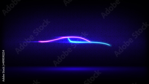 Neon glowing car silhouette. Neon sign brick wall branding. Modern led car silhouette in side view on dark wall background. Studio interior. Blue pink banner, logo, advertising design