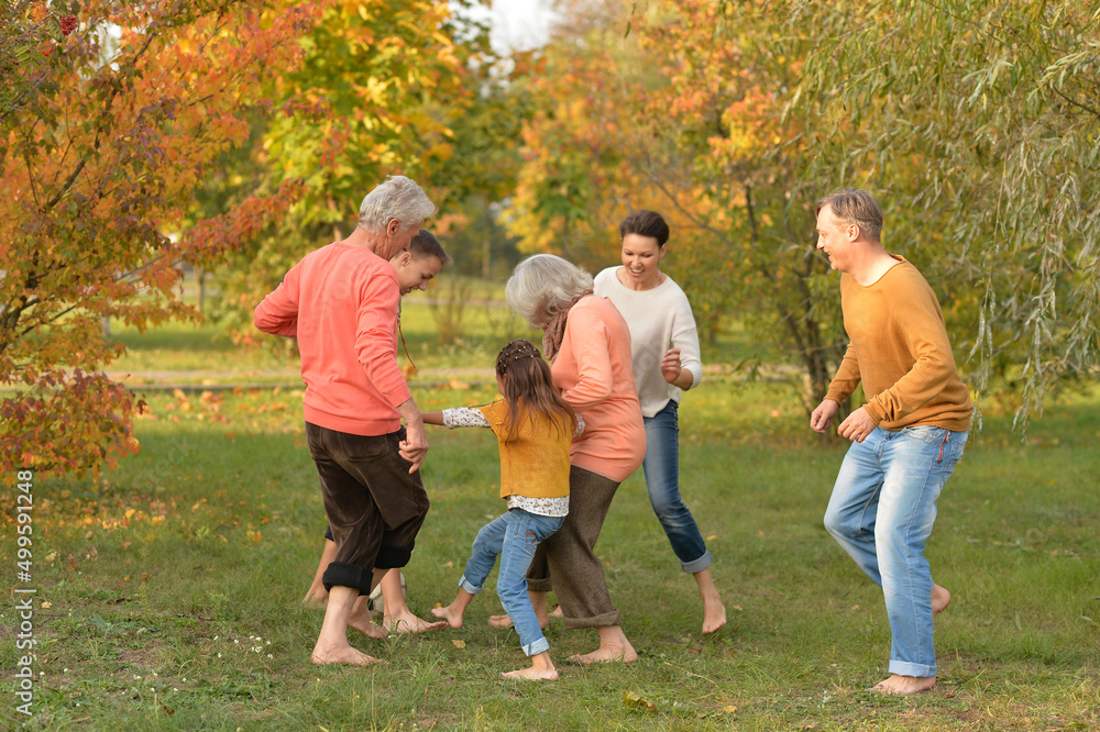 Portrait of big happy family playing football in park