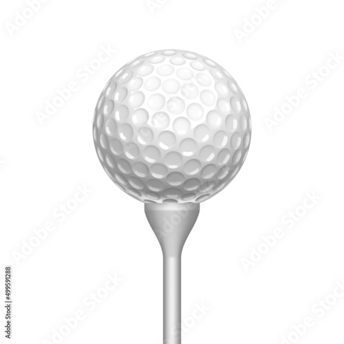 Golf Ball On Tee For Play Game On Field Vector. Golf Ball On Stick For Hitting At Meadow Hole, Sport Activity Accessories. Player Golfing Equipment For Training Template Realistic 3d Illustration