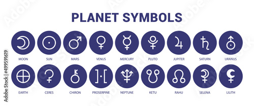 Planet symbol set. Mars, venus, mercury and moon. Sun, pluto, jupiter and saturn. Uranus, earth, ceres and chiron. Proserpine, neptune, ketu and rahu. Selena and lilith photo