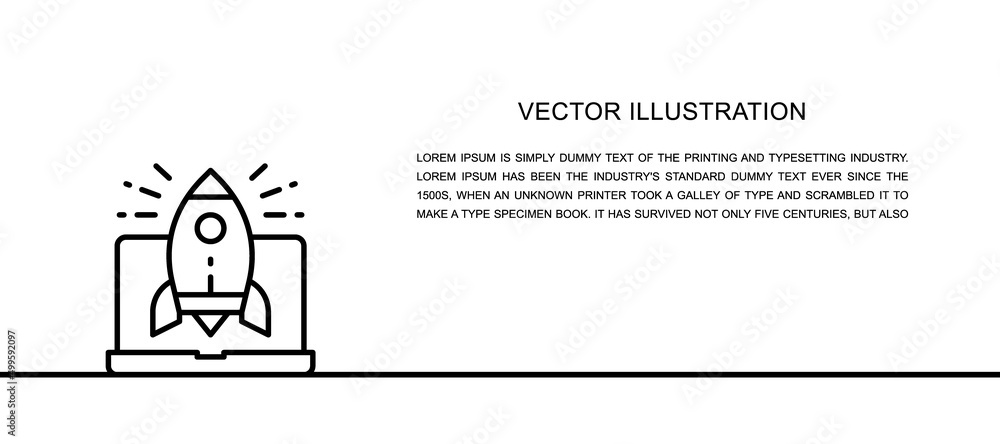 Fototapeta premium Vector rocket launch from laptop, startup one line icon. Continuous one line illustration.