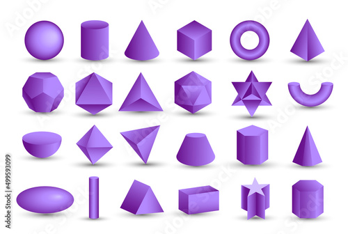 Vector realistic 3D purple geometric shapes isolated on white background. Maths geometrical figure form, realistic shapes model. Platon solid. Geometric shapes icons for education, business, design.