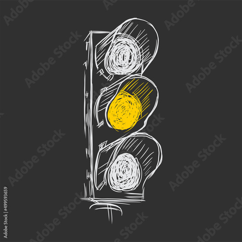 Traffic lights, only yellow light is on, hand drawn illustration on black background
