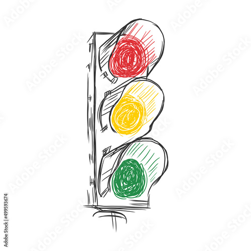 Traffic lights, all light is on, hand drawn vector illustration
